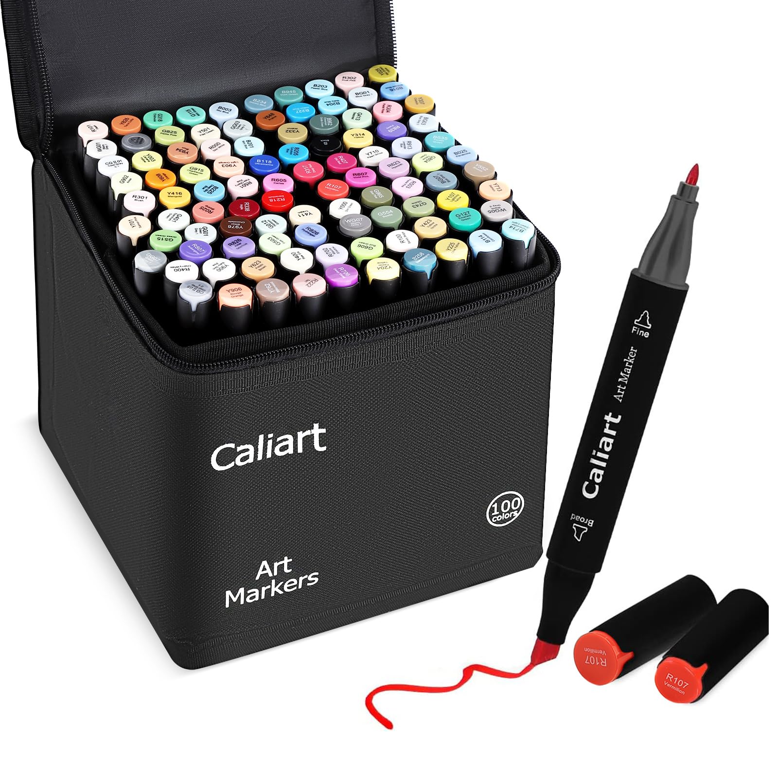 Caliart 100-Color Dual Tip Permanent Alcohol Markers, Black Barrel