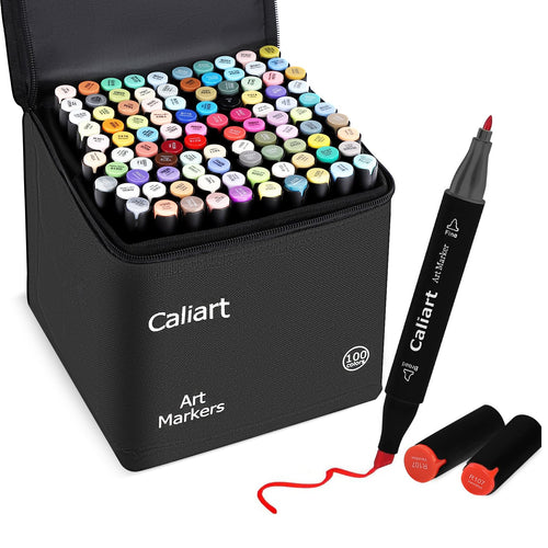 Caliart 100-Color Dual Tip Permanent Alcohol Markers, Black Barrel
