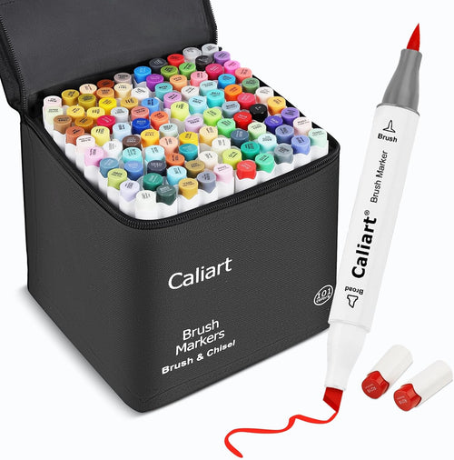 Caliart 101 Colors Alcohol Markers Brush Tip, Dual Tip Brush & Chisel Permanent Art Markers for Adult Coloring Books, Drawing, Sketching, Illustration, with Carrying Case for Artists & Beginners