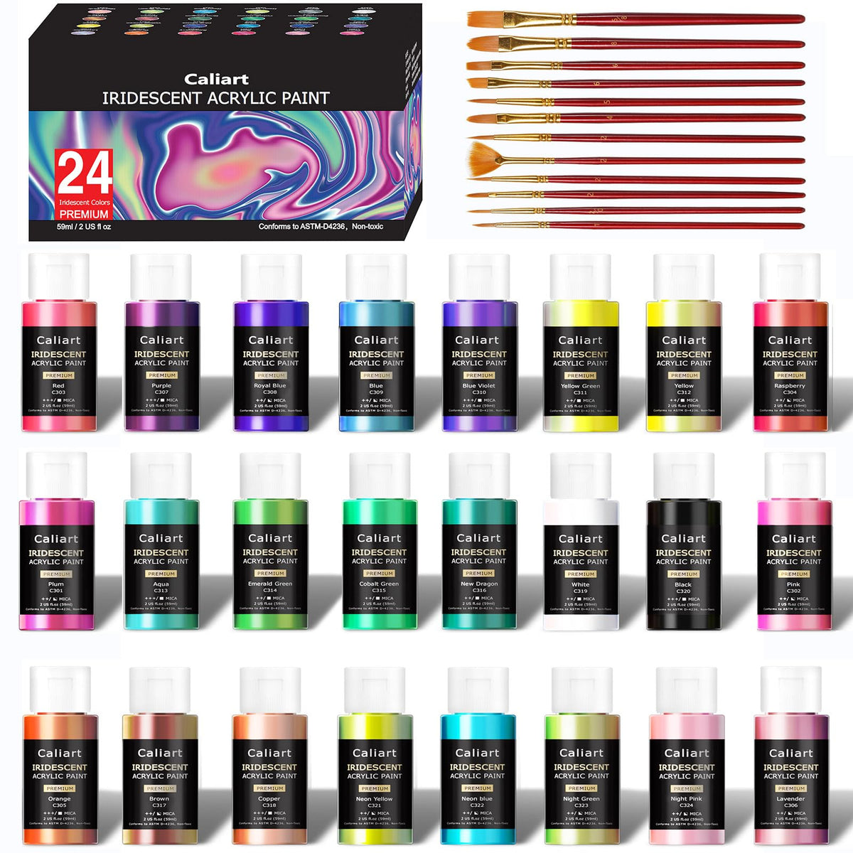 Caliart Acrylic Paint Set with 12 Brushes, 42 Colors (59ml, 2oz) Art Craft Paints Gifts for Adults Artists Beginners Painters, Halloween Pumpkin Canvas Ceramic Rock Painting Kit Art Supplies