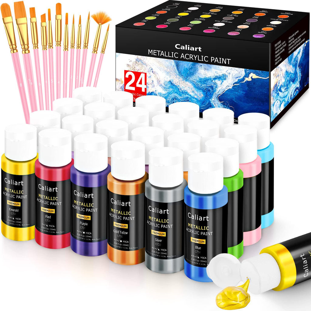 Caliart 72 Colors Acrylic Paint Set with 12 Brushes | Craft Painting kit for Adults Artists Beginners, Rich Pigment Non-toxic, Canvas Wood Rock Pumpkin Ceramic Art Supplies Paint