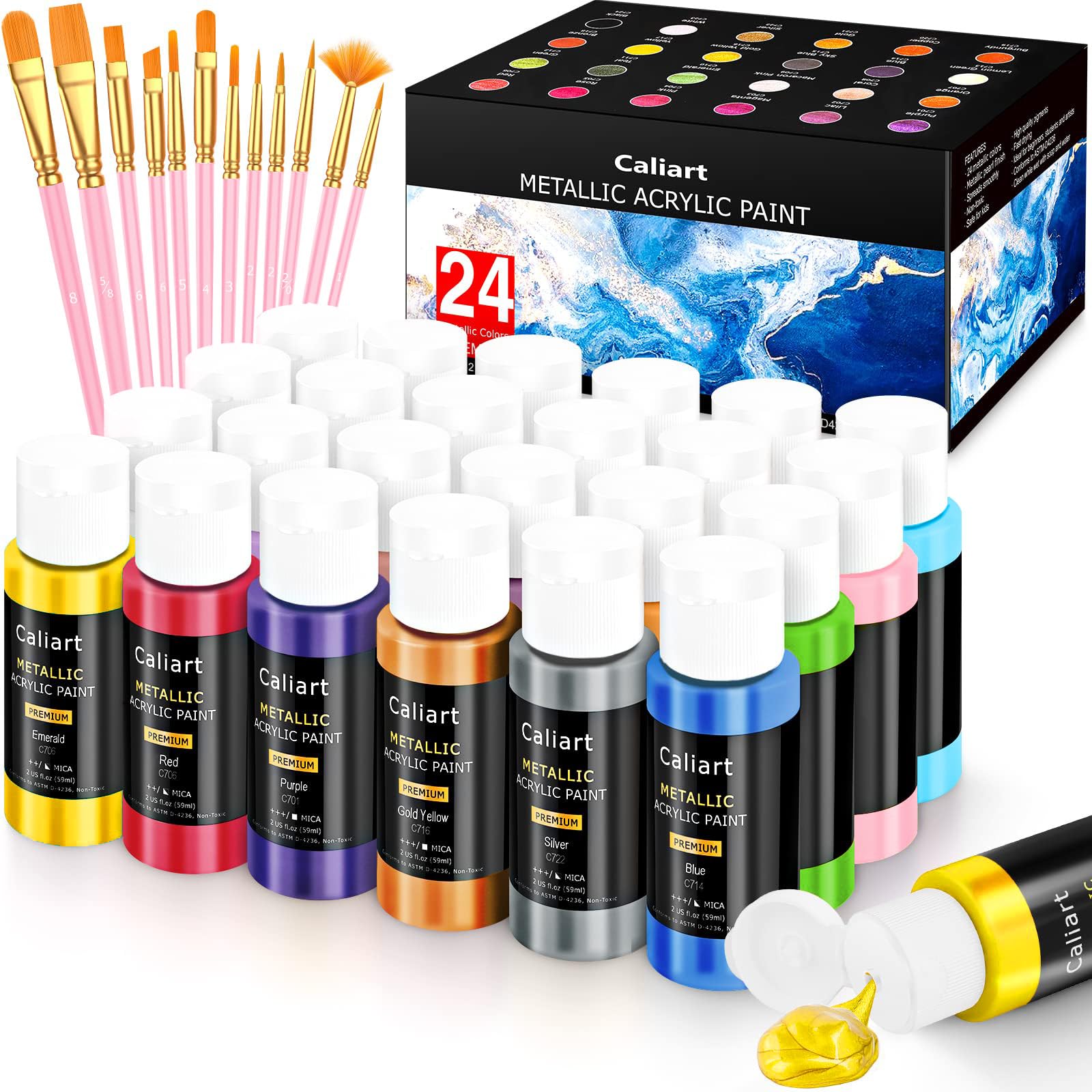 Caliart 72 Colors Acrylic Paint Set with 12 Brushes | Craft Painting kit for Adults Artists Beginners, Rich Pigment Non-toxic, Canvas Wood Rock Pumpkin Ceramic Art Supplies Paint