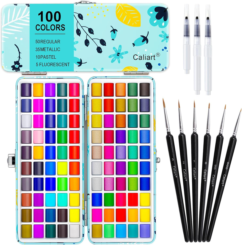 Caliart 100-Color Watercolor Paint Set with Brush