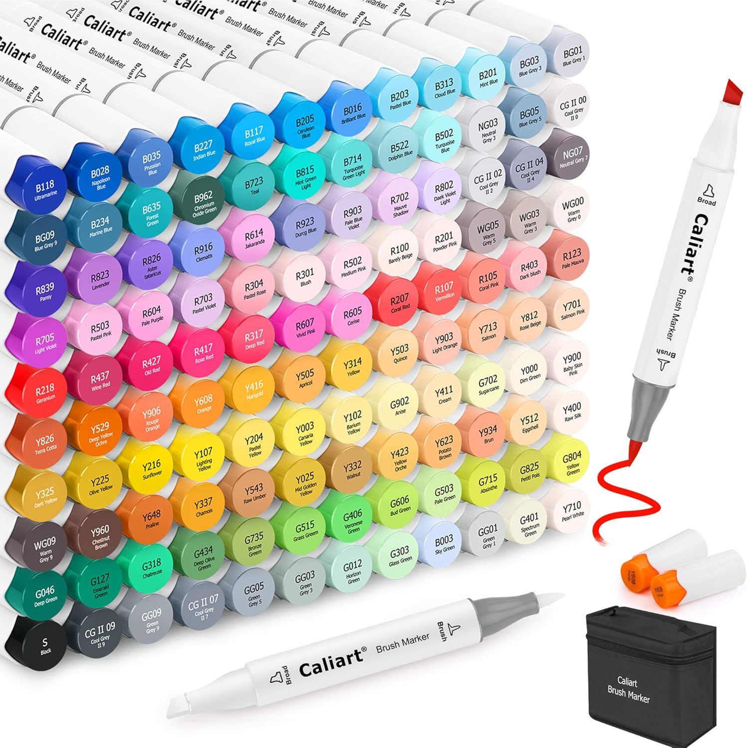 Caliart 100 Colors Dual Tip Art Markers, 121 Colors Alcohol Brush Markers, with Case for Adults Artists Drawing Illustration Sketching Coloring