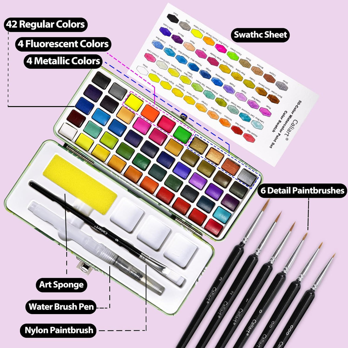Caliart Watercolor Paint Set, 50 Colors Portable Water Color Palette Kit with Detail Paint Brush, Art Supplies Gifts for Adult Professional Artist Painting Coloring
