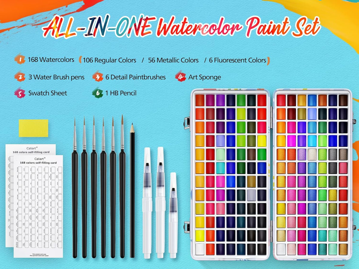 Caliart Watercolor Paint Set, 168 Colors Portable Water Color Palette Kit with Detail Paint Brush, Art Supplies Watercolor Painting Kit Drawing Gifts for Adults Beginners Professional Artists
