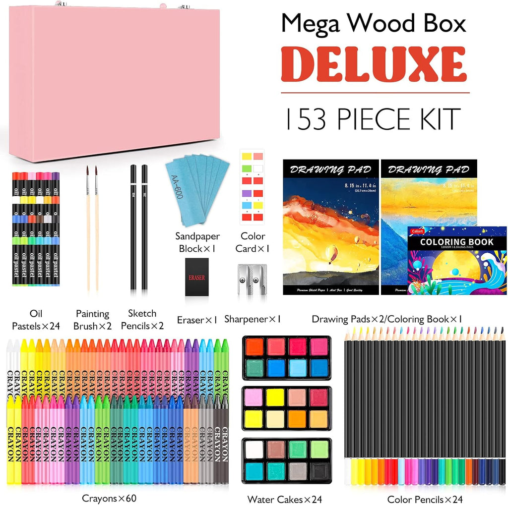 Caliart Art Supplies Kit, 153-Pack Deluxe Drawing Art Set Painting Coloring | 2 A4 Sketch Pads, Coloring Book, Colored Pencils, Crayons, Crafts Gifts for Artists Teen Girls Boys Kids Adults