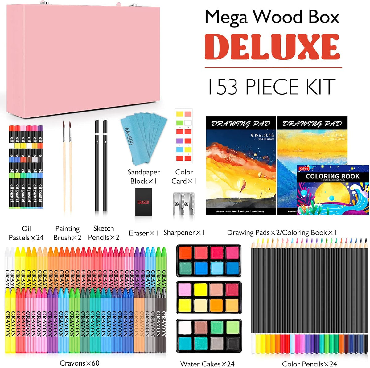 Caliart Art Supplies Kit, 153-Pack Deluxe Drawing Art Set Painting Coloring | 2 A4 Sketch Pads, Coloring Book, Colored Pencils, Crayons, Crafts Gifts for Artists Teen Girls Boys Kids Adults