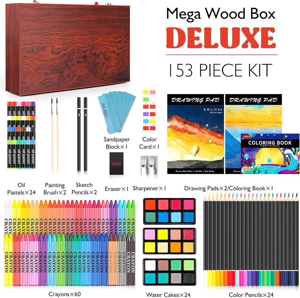 Caliart 153-Piece Deluxe Wooden Art Set with 24-Color Outline Glitter Markers