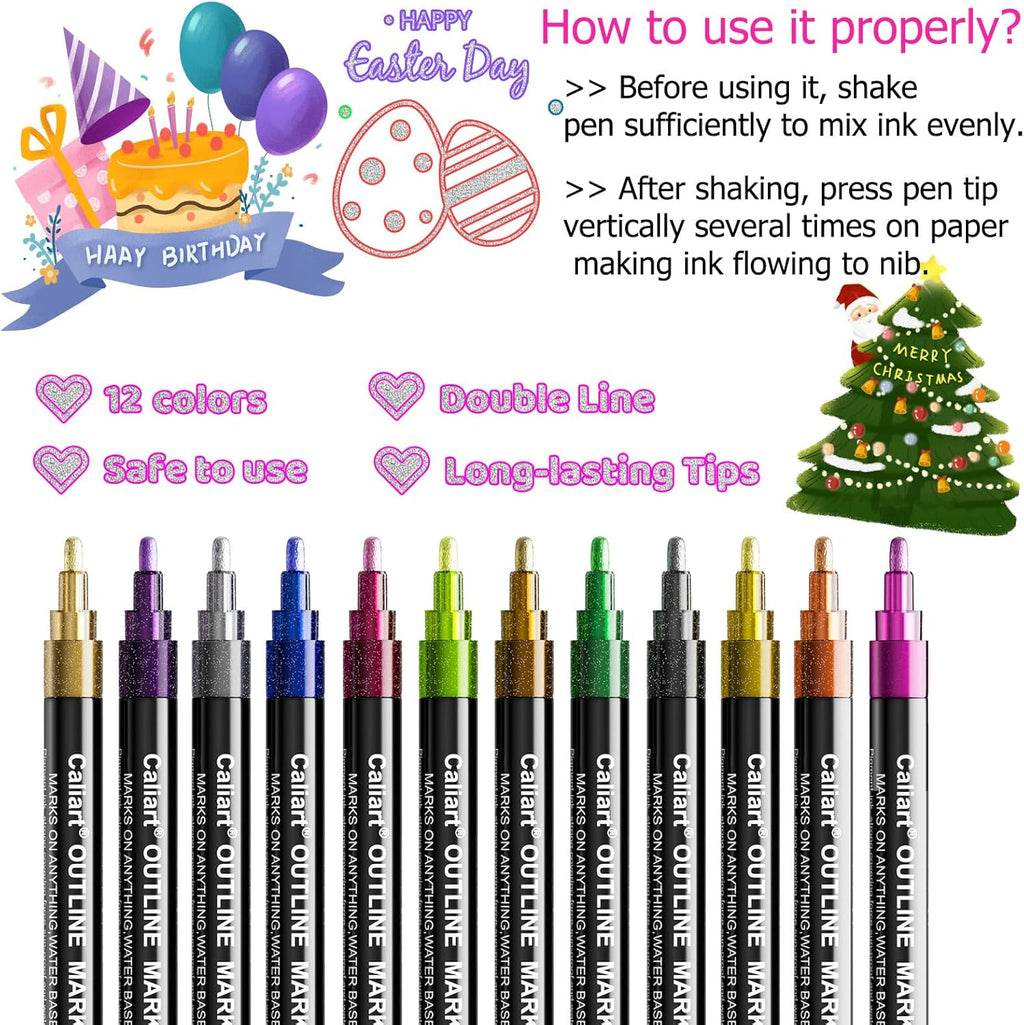 Caliart 12 Colors Outline Markers Shimmer Glitter Pens, Cool Fun Craft Metallic Drawing Marker Set, Trendy Stuff Art Supplies Gifts for Artists Teen Kids Girls Adults