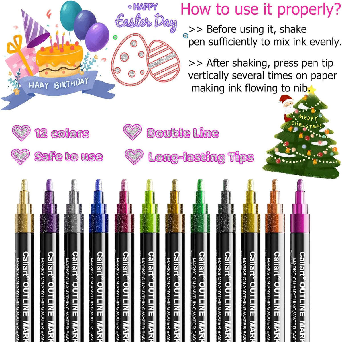 Caliart 12 Colors Outline Markers Shimmer Glitter Pens, Cool Fun Craft Metallic Drawing Marker Set, Trendy Stuff Art Supplies Gifts for Artists Teen Kids Girls Adults