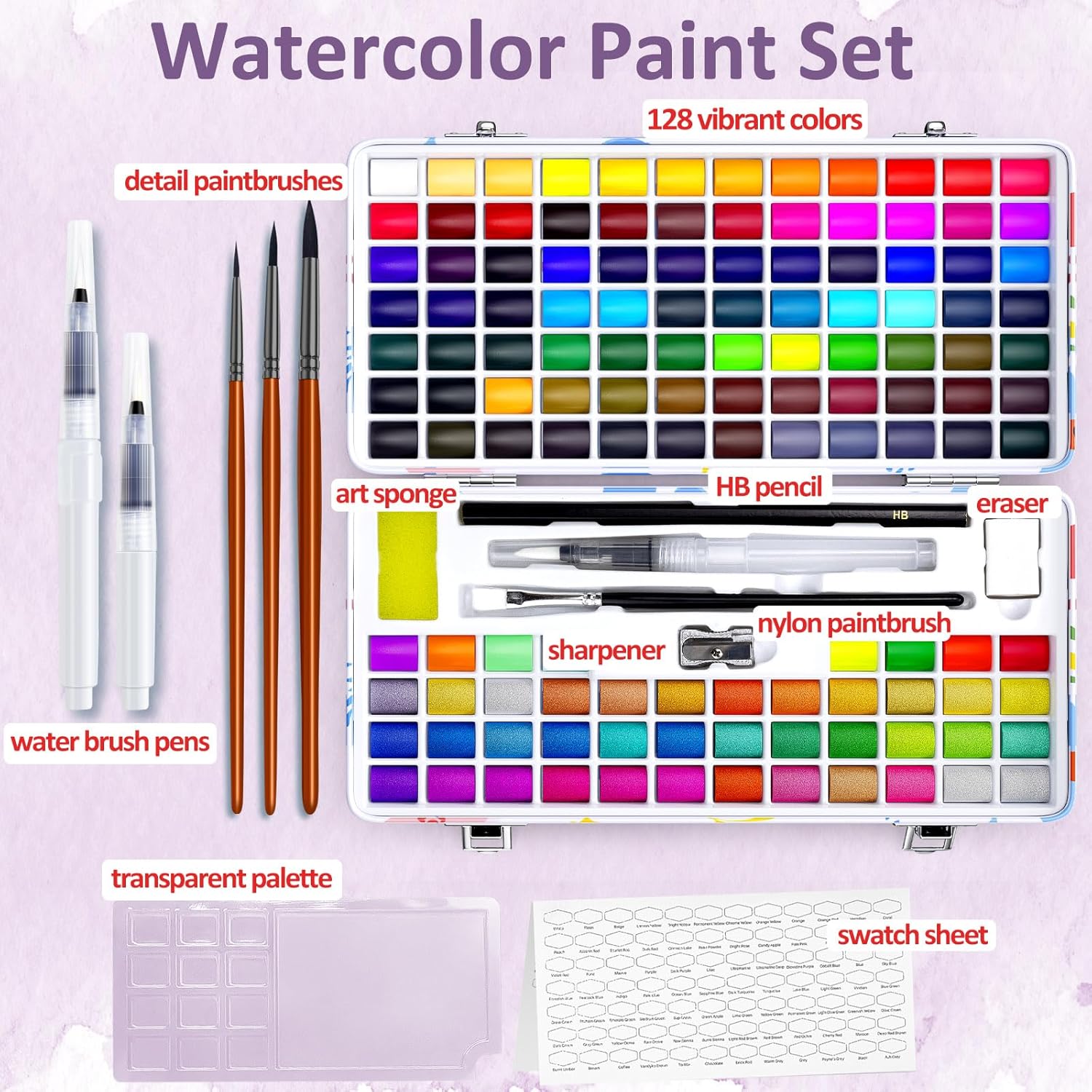 Caliart Watercolor Paint Set, 128 Colors Portable Water Color Palette with Detail Paint Brush, Art Supplies Watercolor Painting Kit Coloring Drawing Gifts for Adults Beginners Professional Artists
