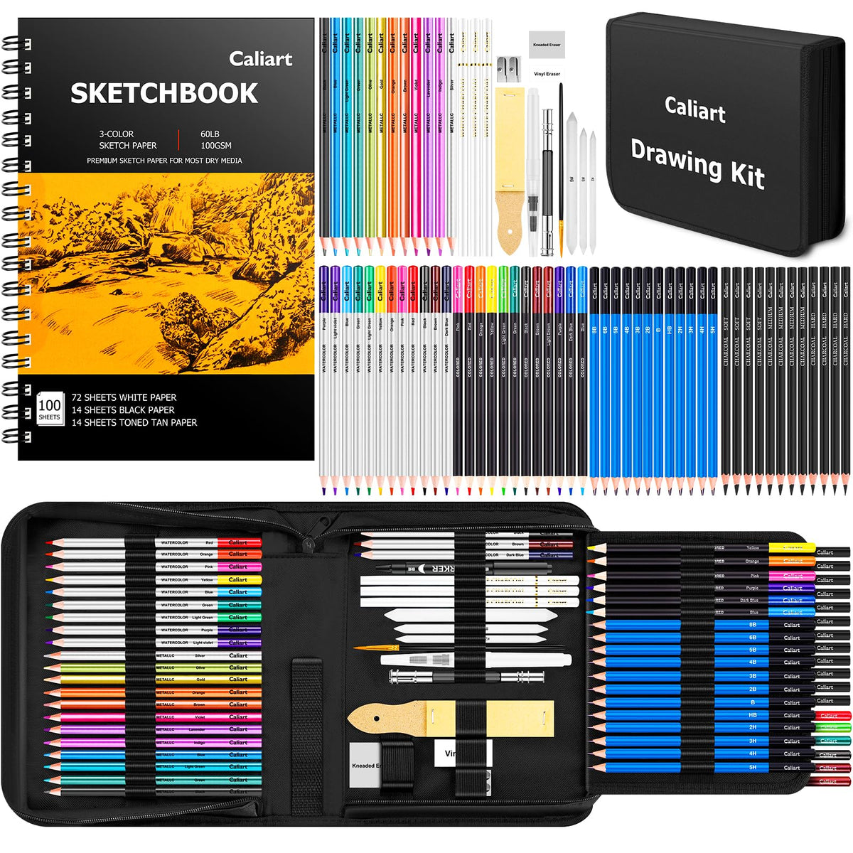 Caliart 176PCS Art Supplies Sketching Kit with 100 Sheets 3-Color Sketch Book, Graphite Colored Charcoal Watercolor & Metallic Pencils, Drawing Supplies Set Gifts for Artists Adults Beginners