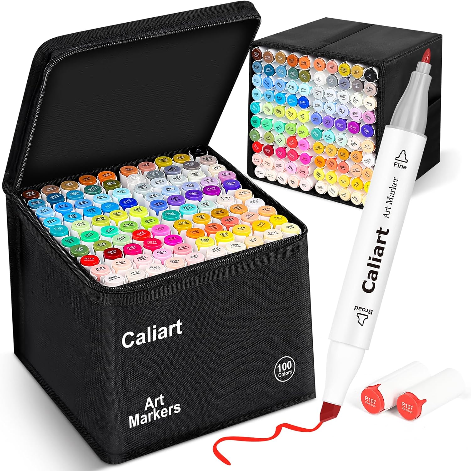 Caliart 100-Color Dual Tip Permanent Alcohol Markers, White Barrel