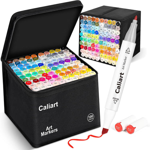 Caliart 100-Color Dual Tip Permanent Alcohol Markers, White Barrel