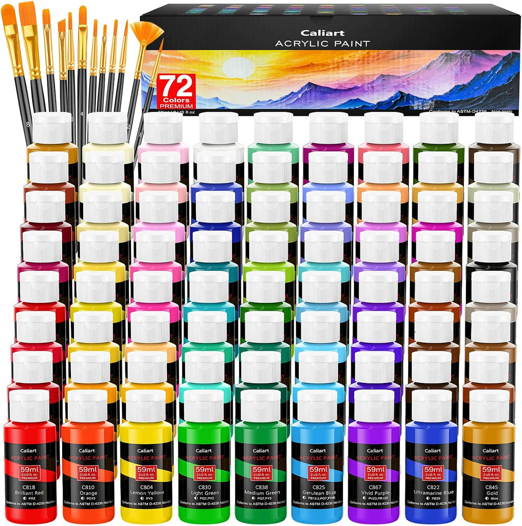 Caliart 72 Colors Acrylic Paint Set with 12 Brushes | Craft Painting kit for Adults Artists Beginners, Rich Pigment Non-toxic, Canvas Wood Rock Pumpkin Ceramic Art Supplies Paint