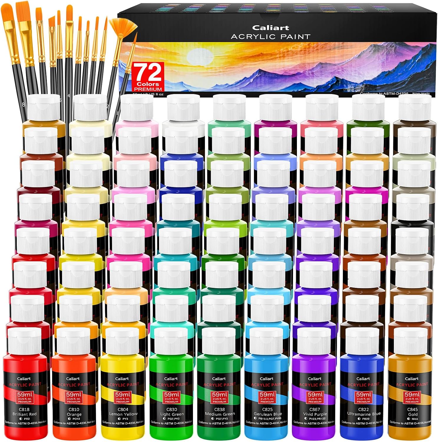 Caliart 72 Colors Acrylic Paint Set with 12 Brushes | Craft Painting kit for Adults Artists Beginners, Rich Pigment Non-toxic, Canvas Wood Rock Pumpkin Ceramic Art Supplies Paint
