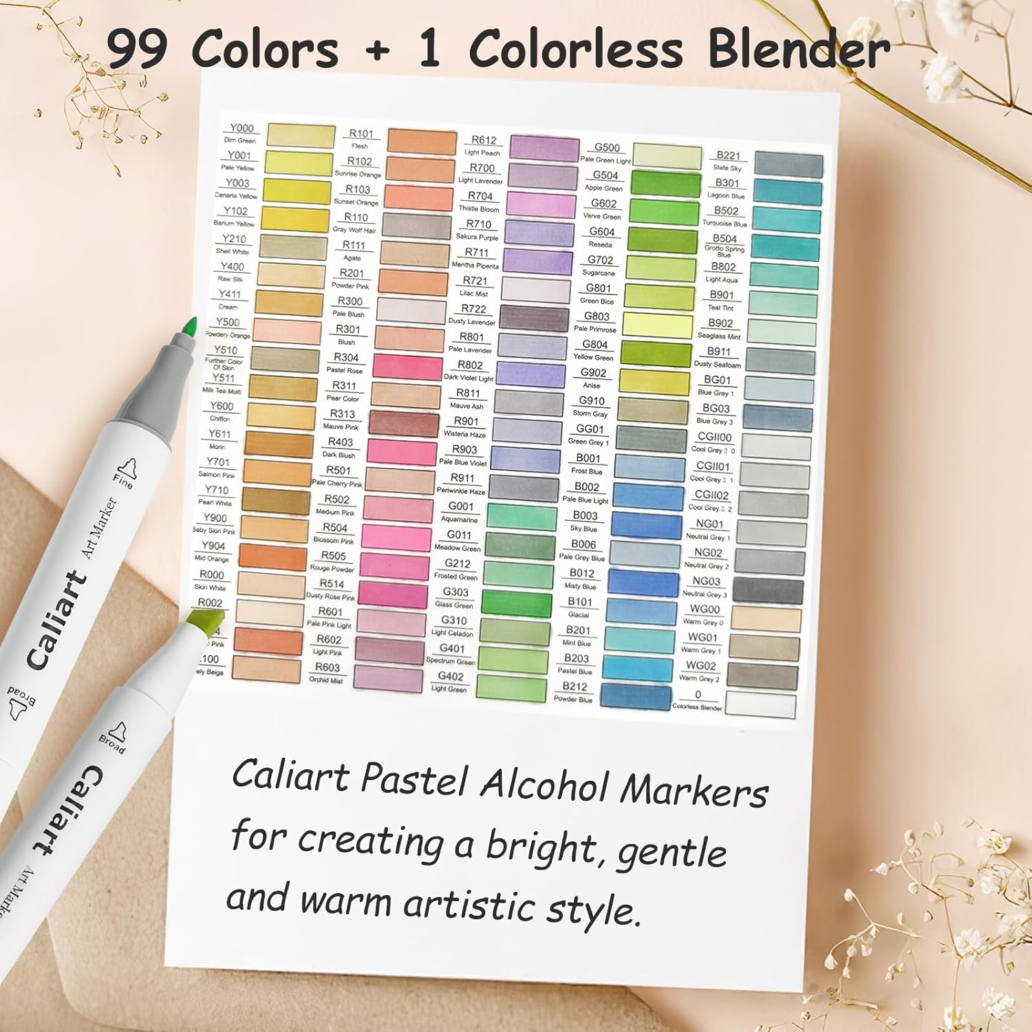 Caliart Pastel Markers, 100 Colors Dual Tip Art Markers Sketch Pens Permanent Alcohol Based, with Case for Adults Artists Drawing Illustration Sketching Coloring