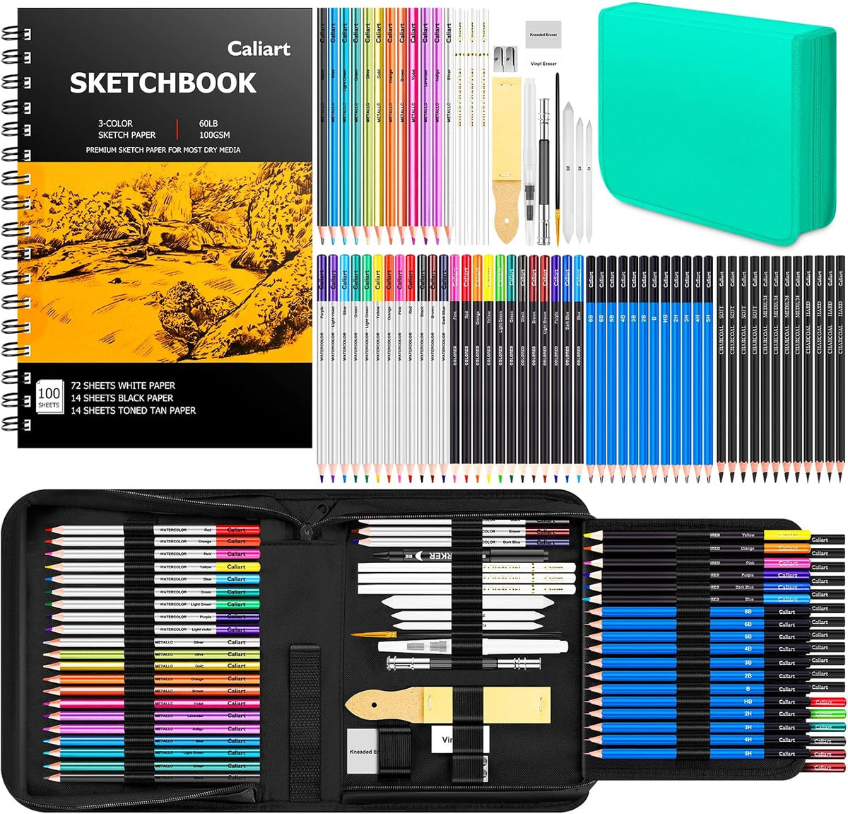 Caliart 176PCS Art Supplies Sketching Kit with 100 Sheets 3-Color Sketch Book, Graphite Colored Charcoal Watercolor & Metallic Pencils, Drawing Supplies Set Gifts for Artists Adults Beginners