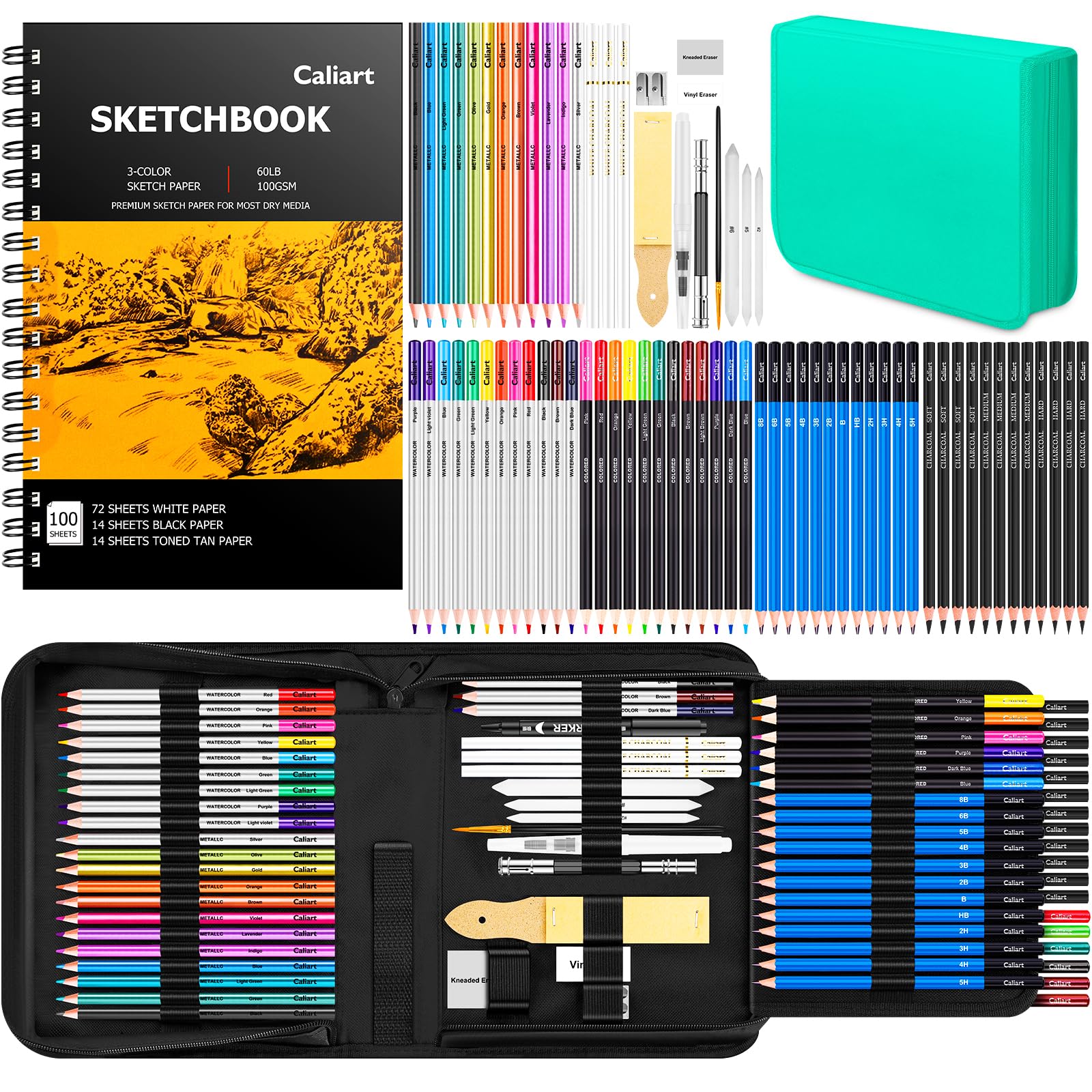 Caliart 176PCS Art Supplies Sketching Kit with 100 Sheets 3-Color Sketch Book, Graphite Colored Charcoal Watercolor & Metallic Pencils, Drawing Supplies Set Gifts for Artists Adults Beginners