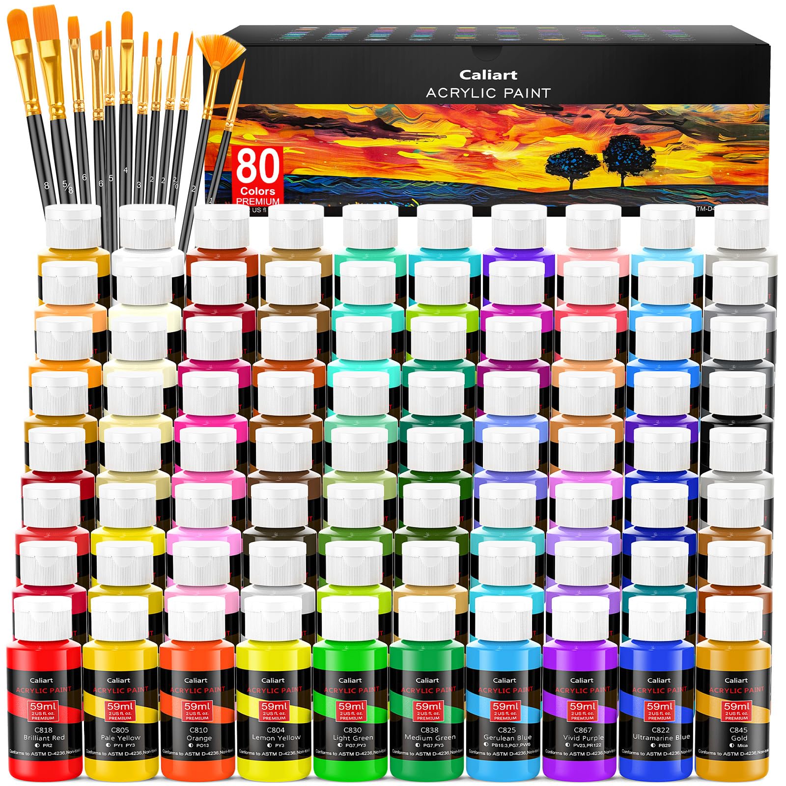 Caliart 80-Color Acrylic Paint Set with 12 Brushes