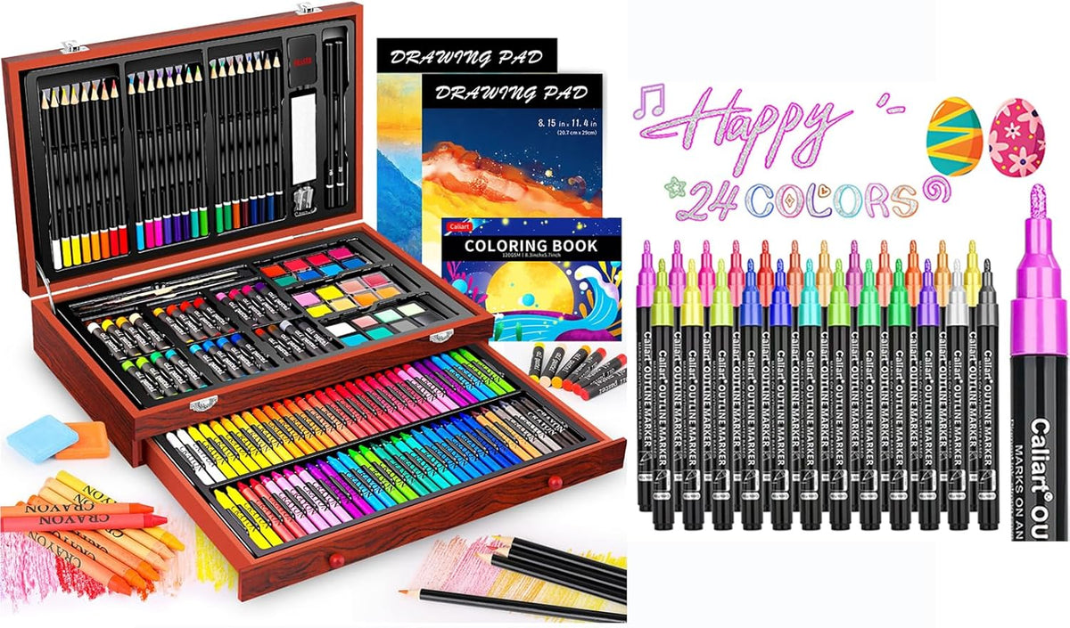 Caliart 153-Piece Deluxe Wooden Art Set with 24-Color Outline Glitter Markers