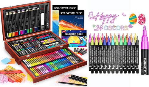 Caliart 153-Piece Deluxe Wooden Art Set with 24-Color Outline Glitter Markers