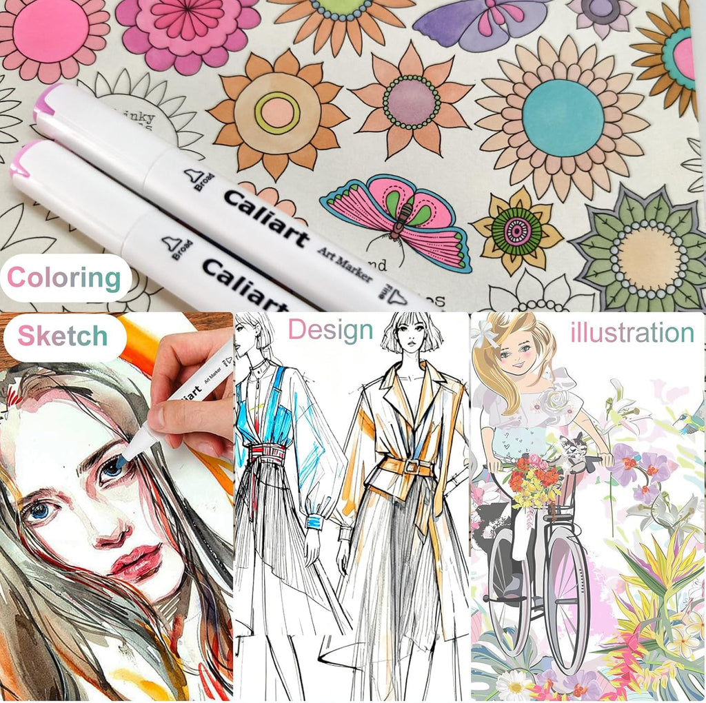 Caliart Pastel Alcohol Markers, 61 Colors Fine & Broad Chisel Dual Tip Permanent Art Markers with Carrying Case, Alcohol Based Sketch Pens for Adults Artists Coloring Painting Drawing Illustration