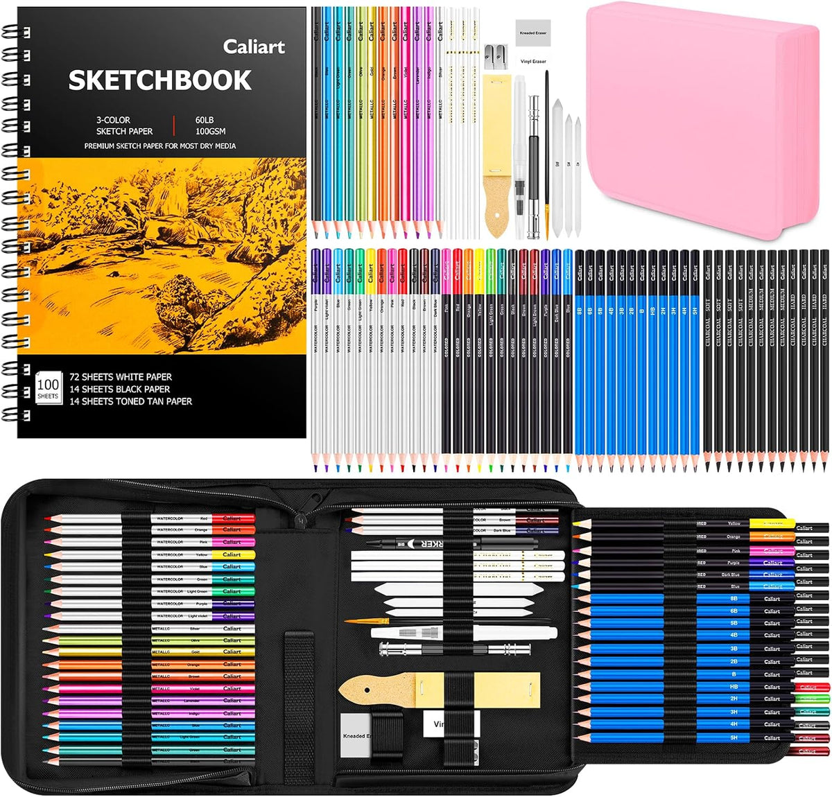 Caliart 176PCS Art Supplies Sketching Kit with 100 Sheets 3-Color Sketch Book, Graphite Colored Charcoal Watercolor & Metallic Pencils, Drawing Supplies Set Gifts for Artists Adults Beginners