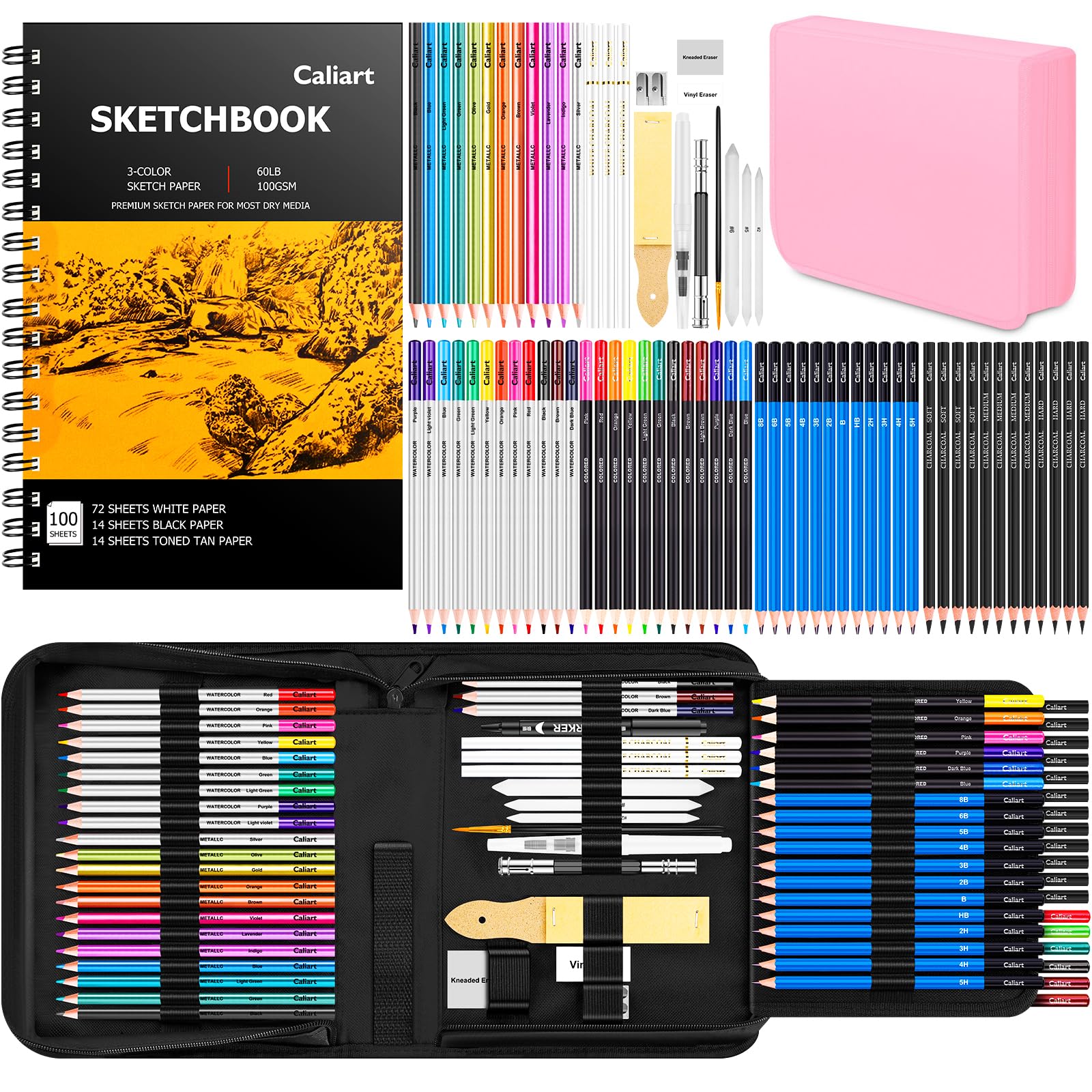 Caliart 176PCS Art Supplies Sketching Kit with 100 Sheets 3-Color Sketch Book, Graphite Colored Charcoal Watercolor & Metallic Pencils, Drawing Set Gifts for Adults Teens Girls Boys Kids