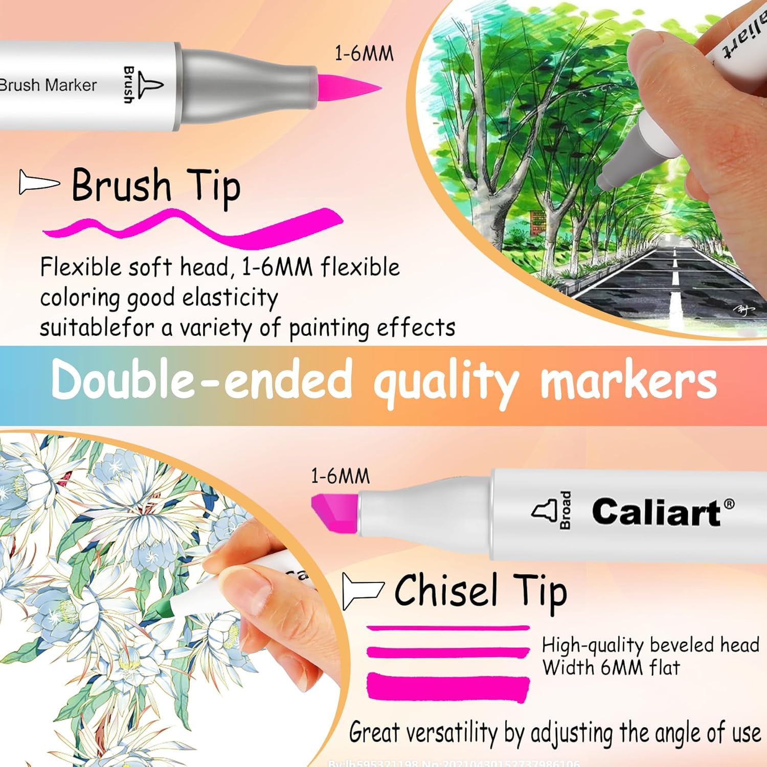 Caliart Markers Brush & Chisel, 18 Colors Alcohol Markers for Adult Coloring Book, Dual Tip Art Pen Set for Artist Illustration Sketch Drawing Gift