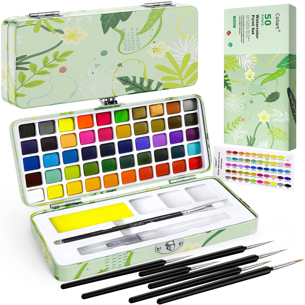 Caliart Watercolor Paint Set, 50 Colors Portable Water Color Palette Kit with Detail Paint Brush, Art Supplies Gifts for Adult Professional Artist Painting Coloring