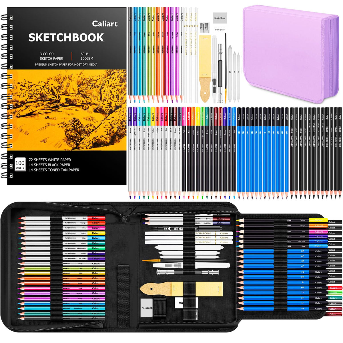Caliart 176PCS Art Supplies Sketching Kit with 100 Sheets 3-Color Sketch Book, Graphite Colored Charcoal Watercolor & Metallic Pencils, Drawing Set Gifts for Adults Teens Girls Boys Kids