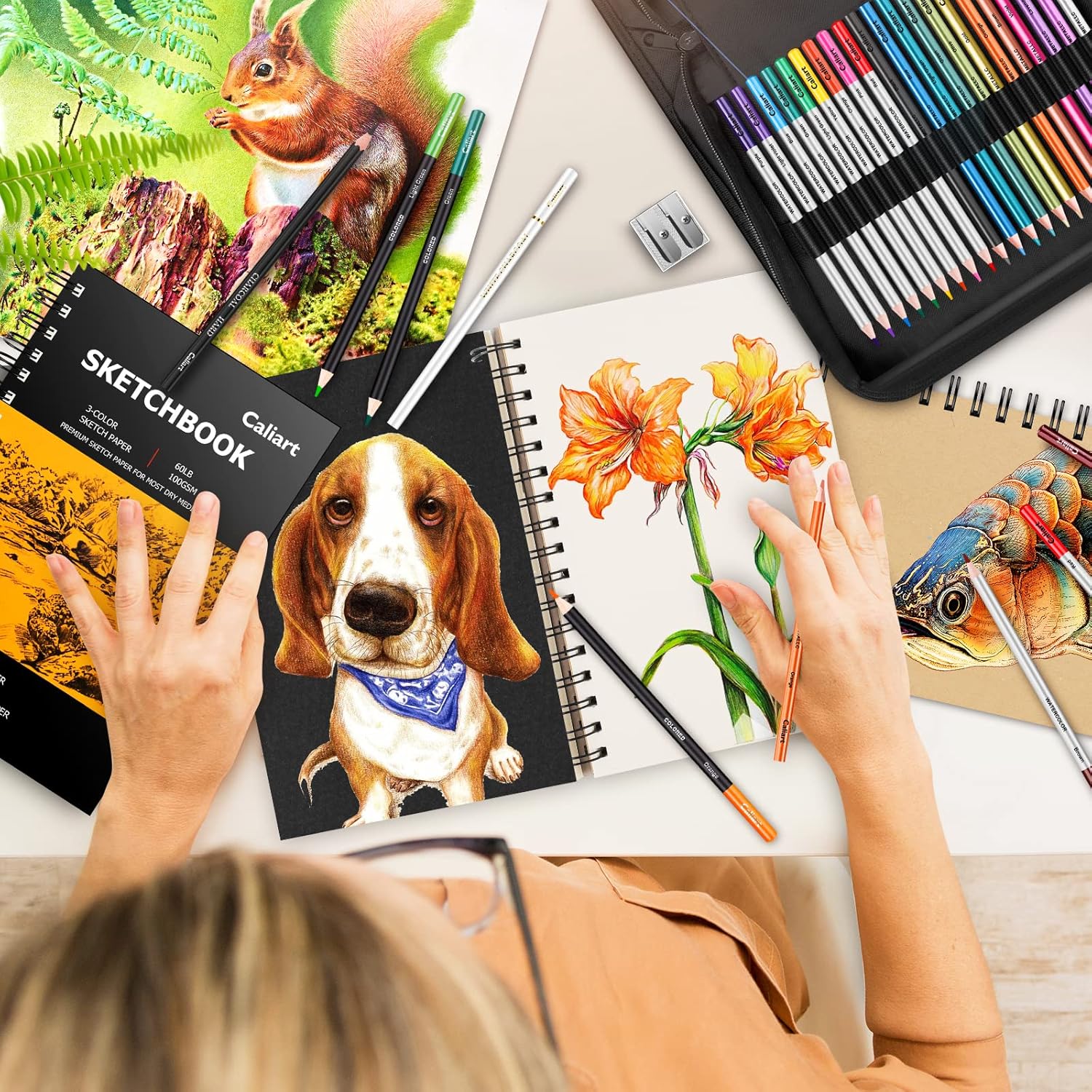 Caliart 176PCS Art Supplies Sketching Kit with 100 Sheets 3-Color Sketch Book, Graphite Colored Charcoal Watercolor & Metallic Pencils, Drawing Set Gifts for Adults Teens Girls Boys Kids