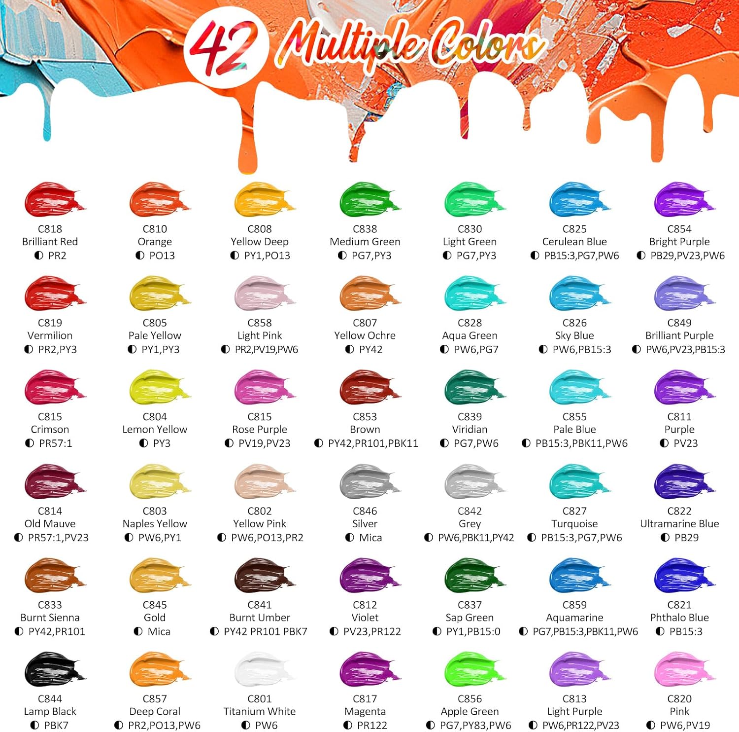 Caliart 42-Color Acrylic Paint Set with Brushes