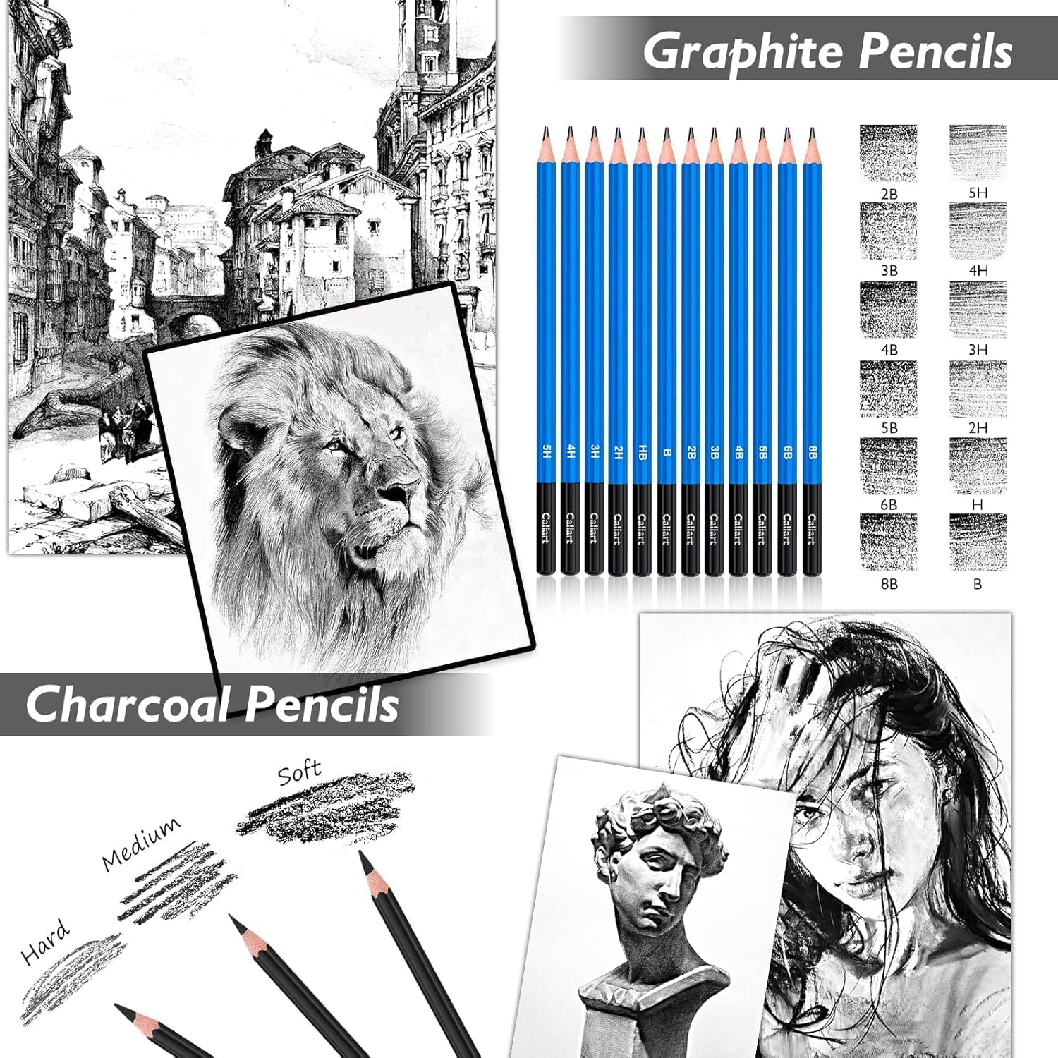 Caliart 176PCS Art Supplies Sketching Kit with 100 Sheets 3-Color Sketch Book, Graphite Colored Charcoal Watercolor & Metallic Pencils, Drawing Supplies Set Gifts for Artists Adults Beginners