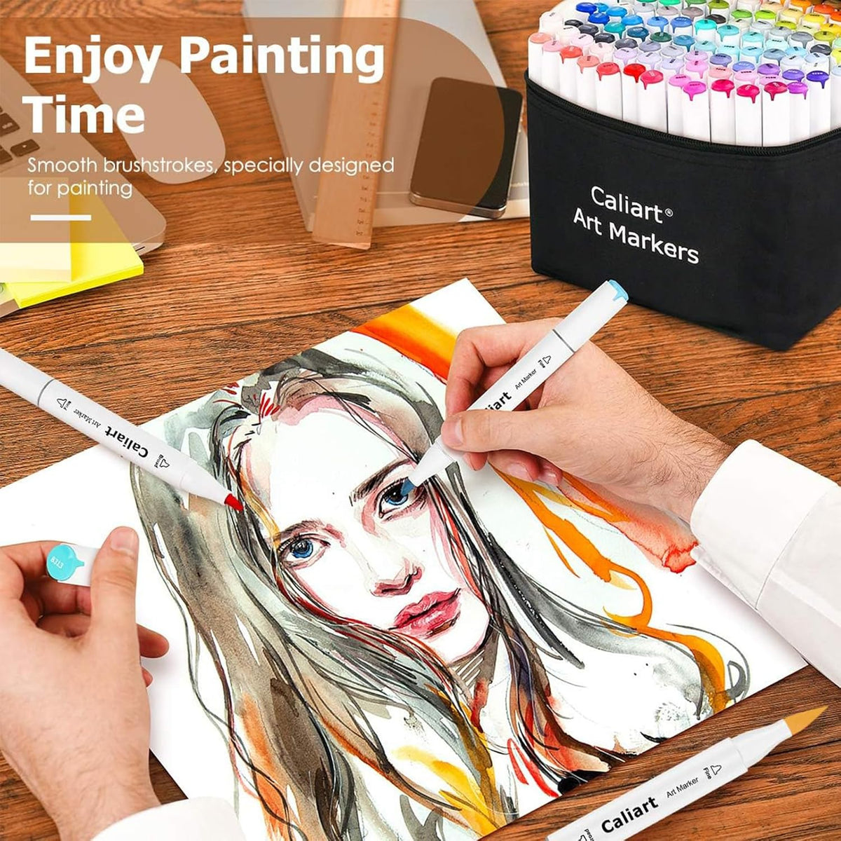 Caliart Alcohol Based Markers, 81 Colors Art Drawing Markers Set Dual Tip Brush & Fine Permanent Colored Sketch Pens, with Case for Artists Adults Coloring Book