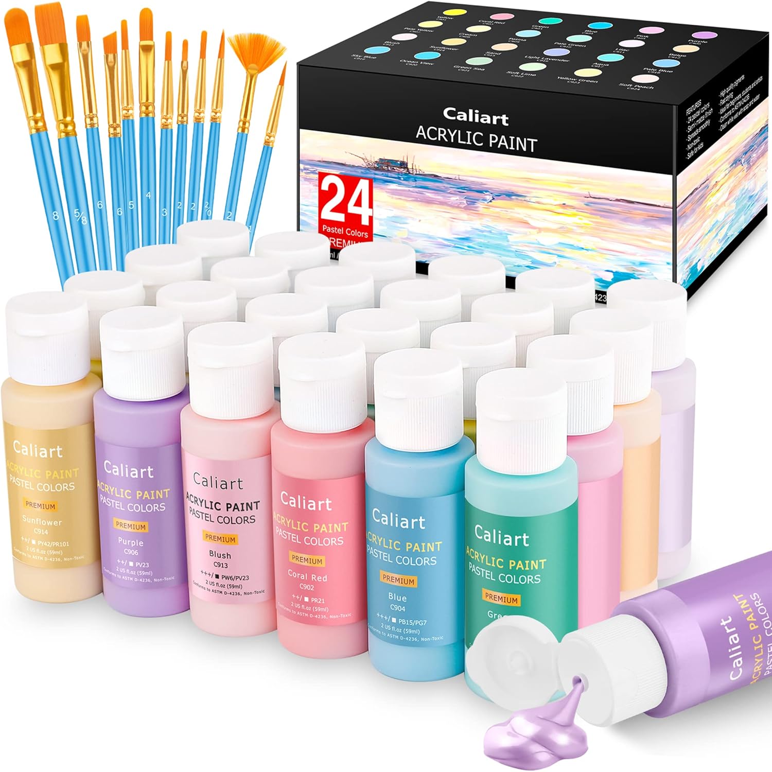 Caliart 24-Color Pastel Acrylic Paint Set with Brushes
