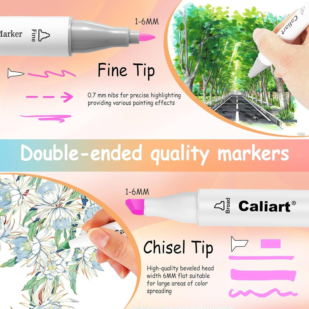 Caliart Pastel Alcohol Markers, 61 Colors Fine & Broad Chisel Dual Tip Permanent Art Markers with Carrying Case, Alcohol Based Sketch Pens for Adults Artists Coloring Painting Drawing Illustration