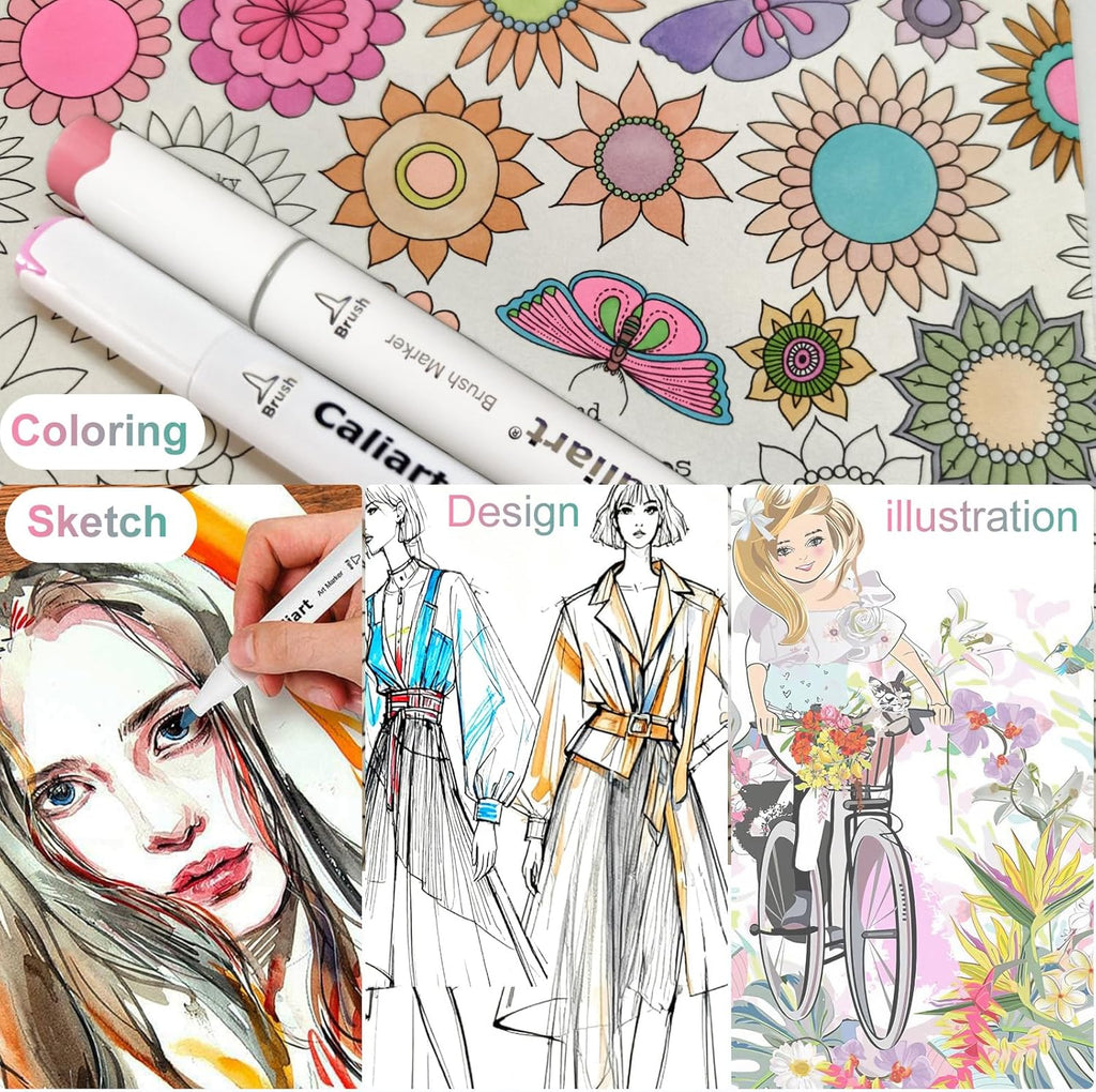 Caliart Alcohol Markers Brush Tip, 61 Colors Pastel Coloring Marker Set Dual Tip Fine & Brush, with Case Permanent Alcohol Based Colored Art Pens for Adult Coloring Books Artists Drawing Gifts