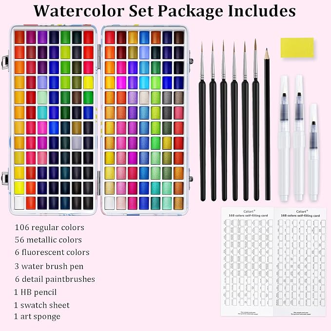 Caliart 168-Color Watercolor Paint Set with Brush