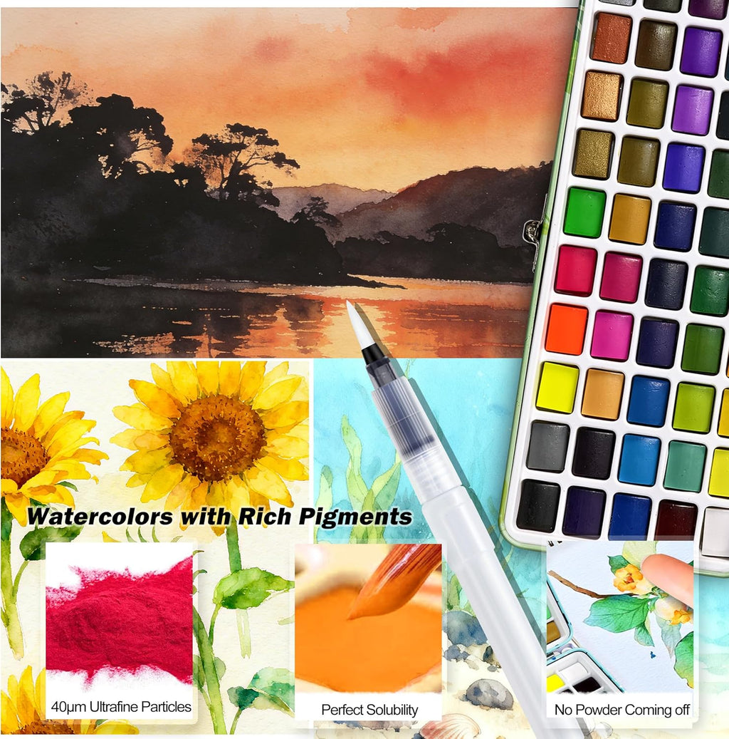 Caliart Watercolor Paint Set, 50 Colors Portable Water Color Palette Kit with Detail Paint Brush, Art Supplies Gifts for Adult Professional Artist Painting Coloring