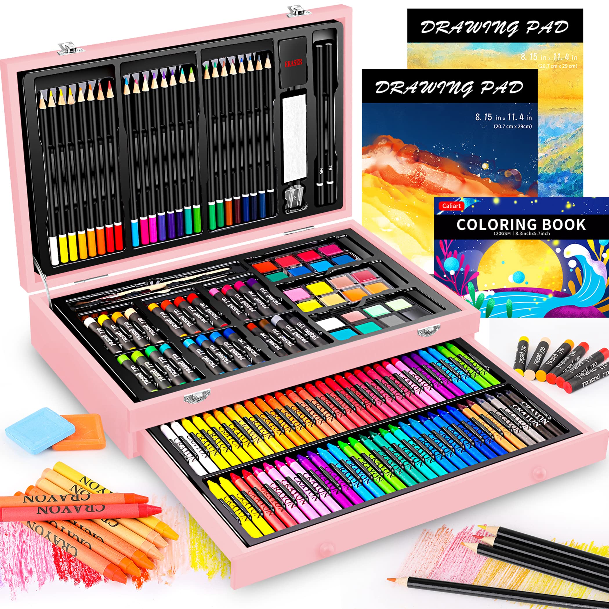 Caliart 153-Piece Deluxe Art Set in Wooden Case - Pink
