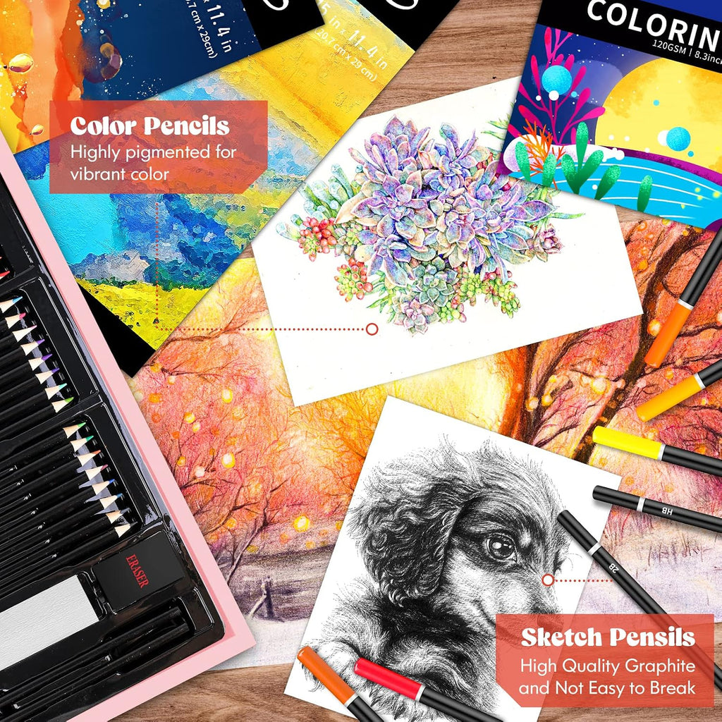 Caliart Art Supplies Kit, 153-Pack Deluxe Drawing Art Set Painting Coloring | 2 A4 Sketch Pads, Coloring Book, Colored Pencils, Crayons, Crafts Gifts for Artists Teen Girls Boys Kids Adults