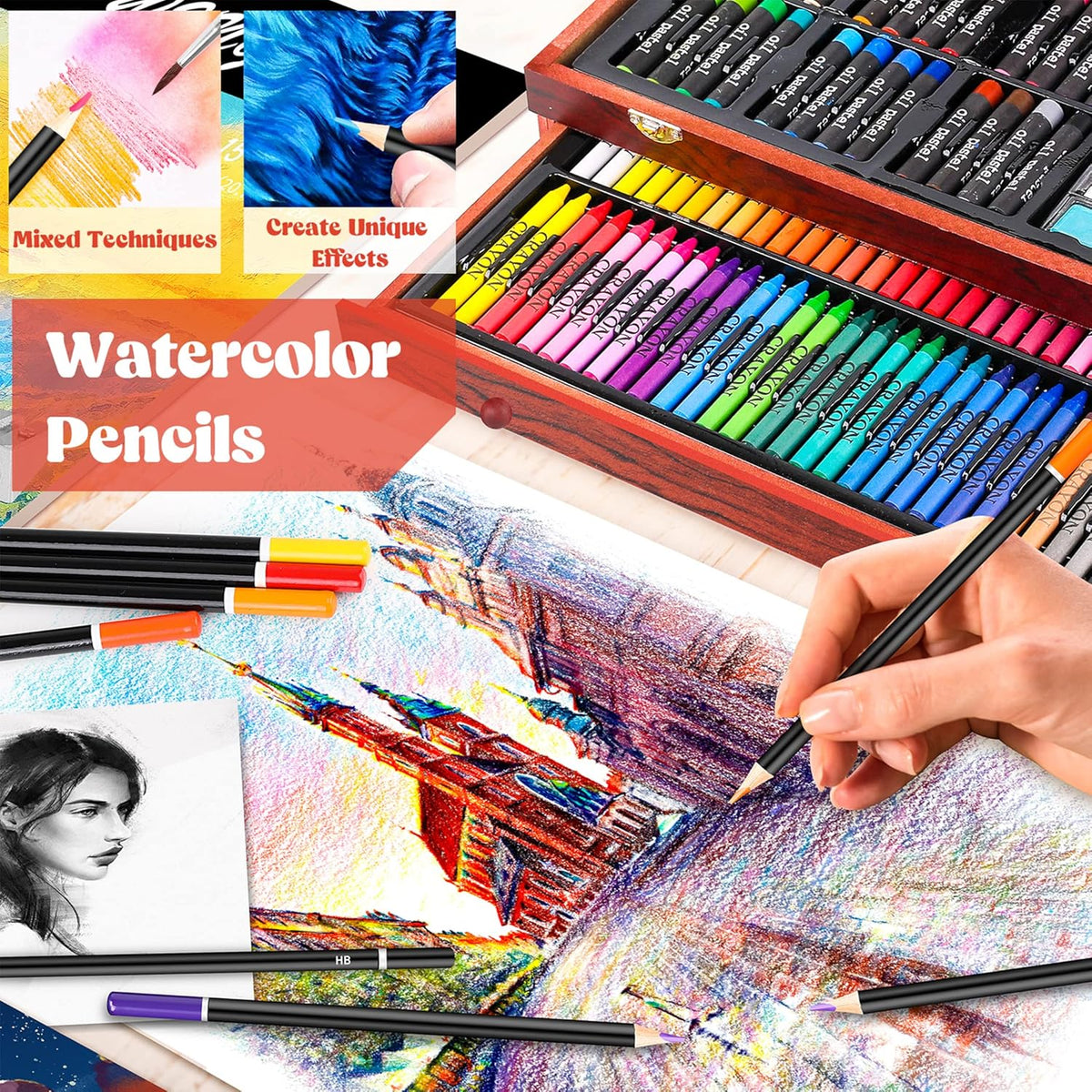 Caliart Art Supplies, 153-Pack Deluxe Art Set in Wooden Case, Crafts Drawing Painting Kits with 2 A4 Sketch Pads, Coloring Book, Birthday Gifts for Teens Girls Boys Kids Adults Artists