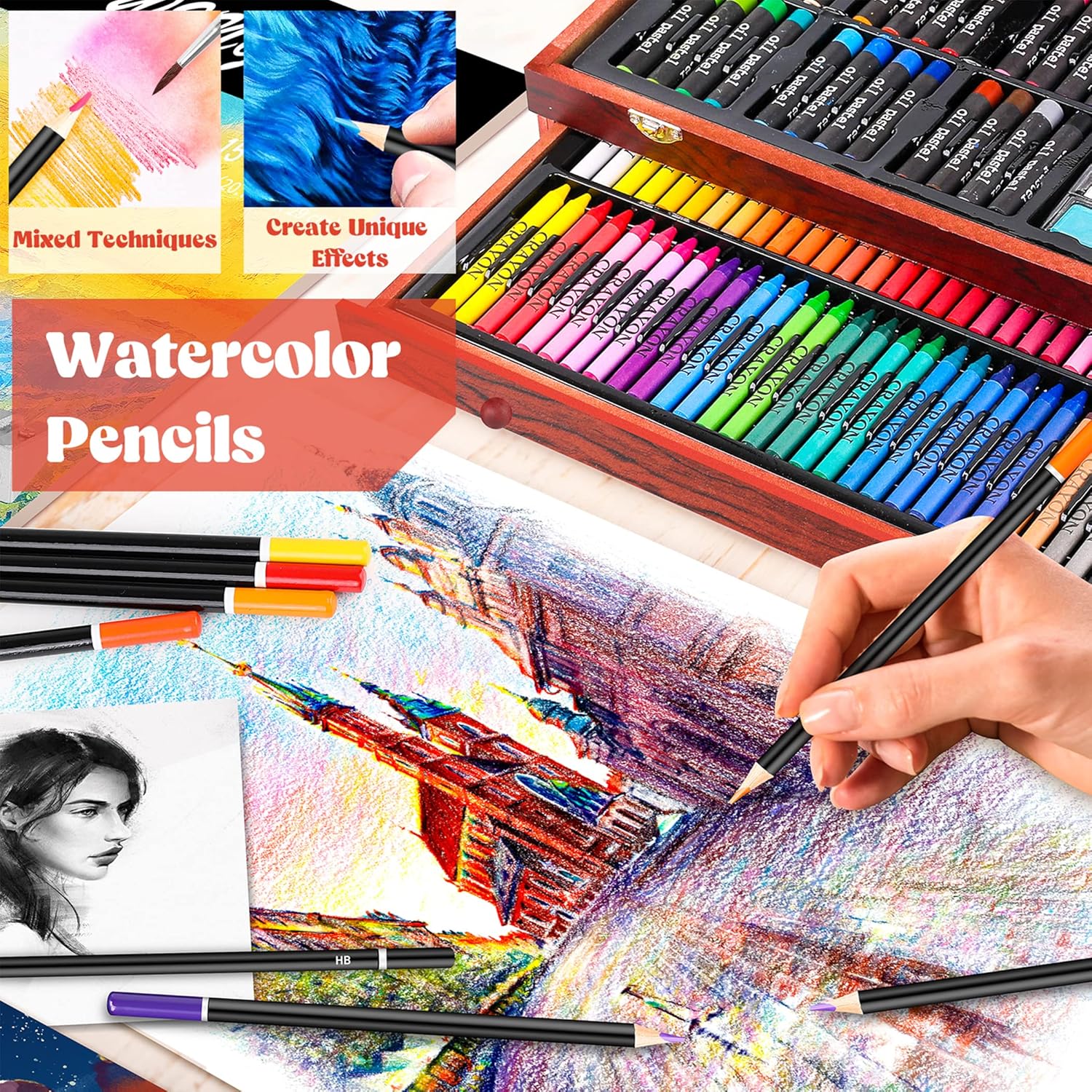 Caliart 153-Piece Deluxe Wooden Art Set with 24-Color Outline Glitter Markers