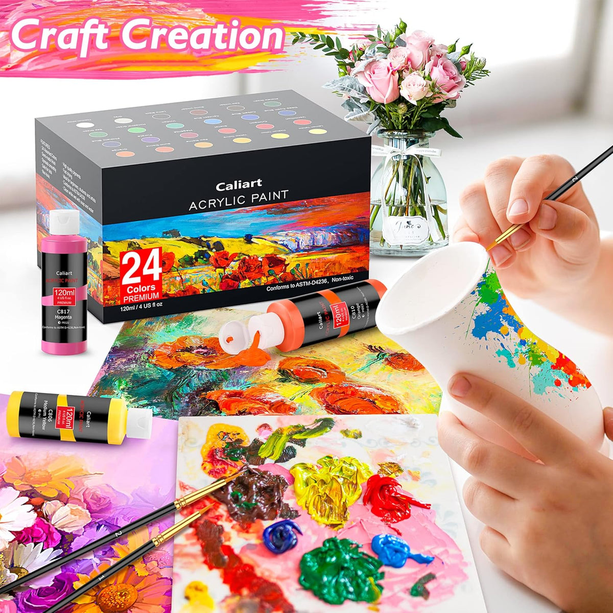 Caliart Acrylic Paint Large Set (120ml/4oz) with 12 Brushes, 24 Colors Art Craft Paints Kit for Adults Artists Beginners on Canvas Ceramic Wood Rock Painting Art Supplies