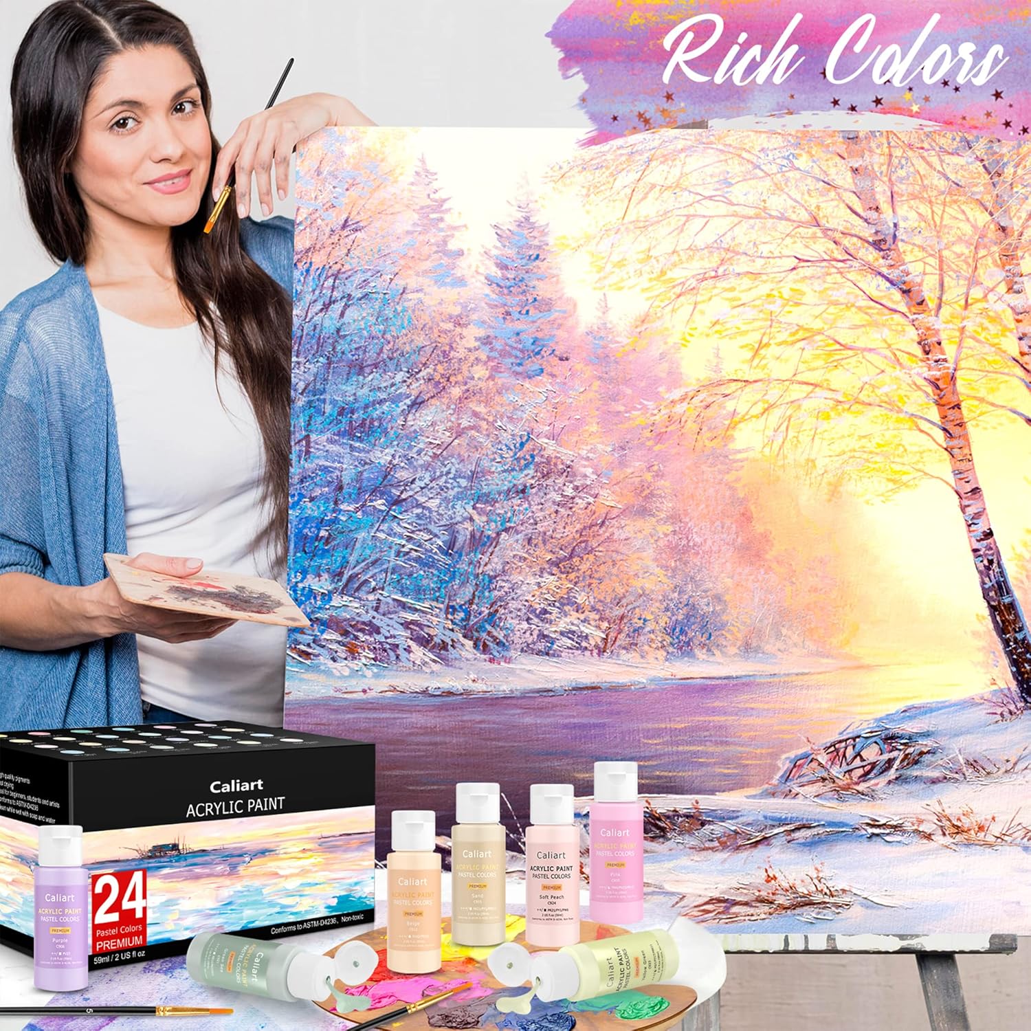 Caliart 24-Color Pastel Acrylic Paint Set with Brushes