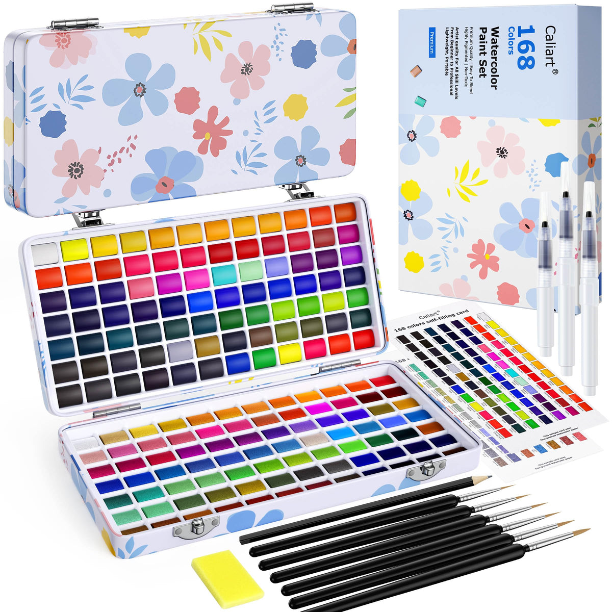 Caliart Watercolor Paint Set, 128 Colors Portable Water Color Palette with Detail Paint Brush, Art Supplies Watercolor Painting Kit Coloring Drawing Gifts for Adults Beginners Professional Artists