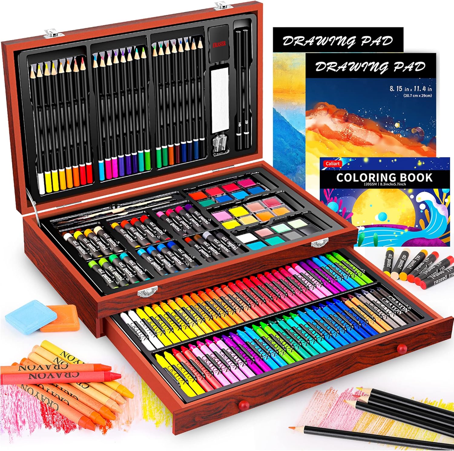 Caliart Art Supplies, 153-Pack Deluxe Art Set in Wooden Case, Crafts Drawing Painting Kits with 2 A4 Sketch Pads, Coloring Book, Birthday Gifts for Teens Girls Boys Kids Adults Artists